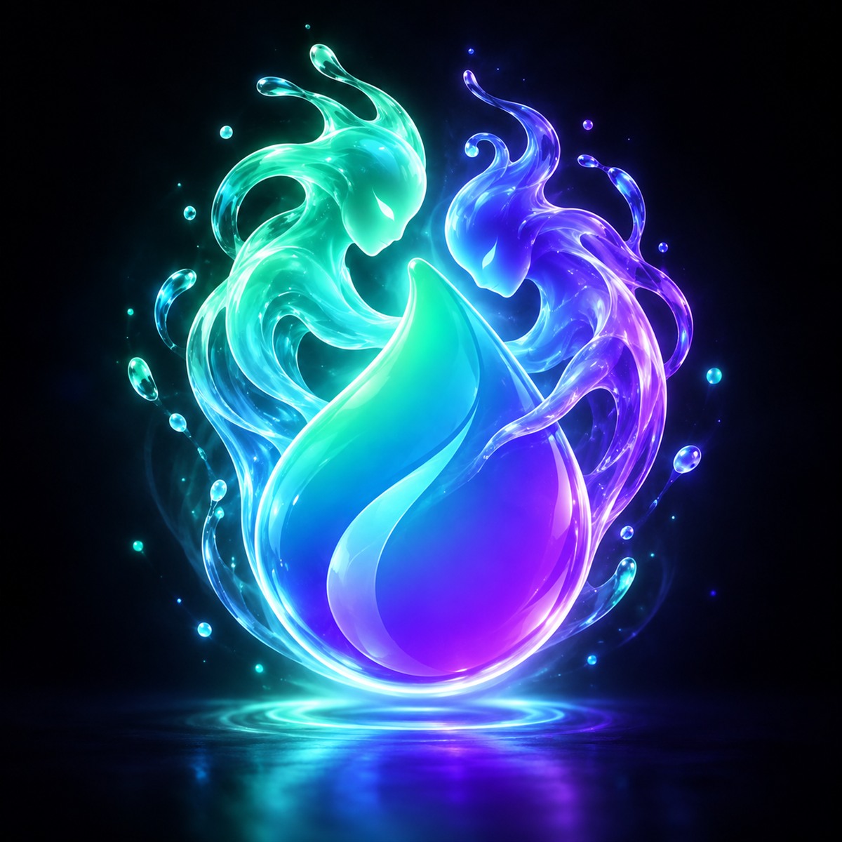 Two luminous elemental spirits merging into the EMBERSOL flame