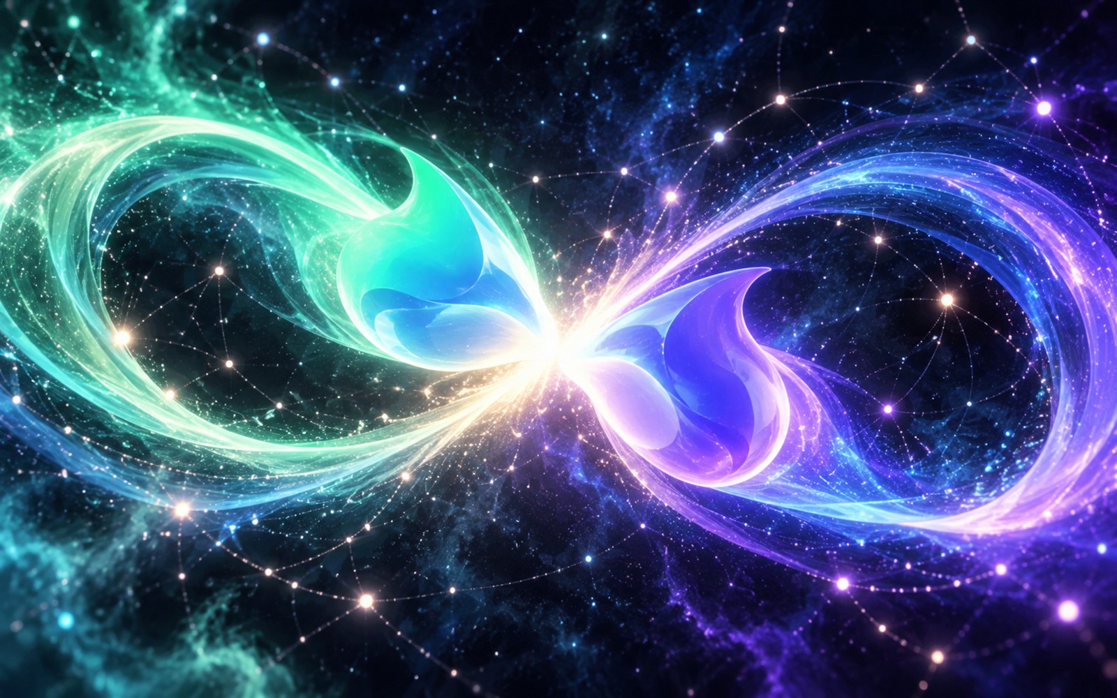 Ember and Sol crossing a cosmic network and fusing into one light
